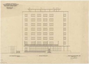 Gsaenger, Gustav; Augsburg (Bayern), Lechhauserstr. / Am Jakobertor ; Laubenhof- Wohnhochhaus - Tekturplan, Westseite (Ansicht)