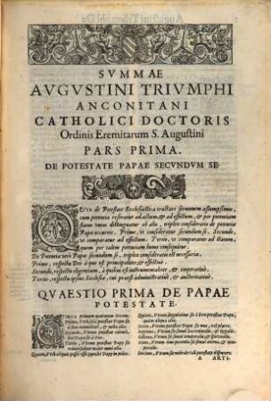Augustini Triumphi Anconitani Catholici Doctoris summa de potestate ecclesiastica : edita anno domini MCCCXX