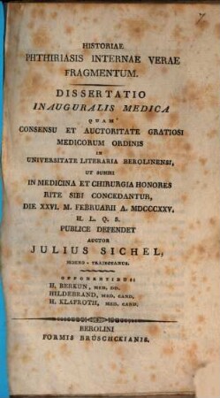 Historiae phthiriasis internae verae fragmentum : diss. inaug. med.