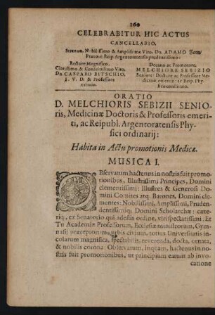 Oratio D. Melchioris Sebizii Senioris, Medicinae Doctoris & Professoris emeriti, ac Reipubl. Argentoratensis Physici ordinarii: