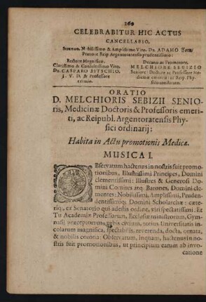 Oratio D. Melchioris Sebizii Senioris, Medicinae Doctoris & Professoris emeriti, ac Reipubl. Argentoratensis Physici ordinarii: