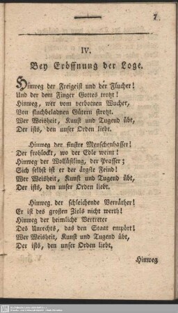 IV. Bey Eröffnung der Loge