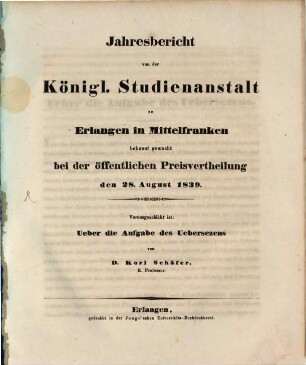 Jahresbericht über die Königliche Studienanstalt zu Erlangen : für das Studienjahr ..., 1839