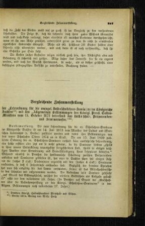 Vergleichende Zusammenstellung der "Lehrordnung für die evangel. Volksschullehrer-Seminare im Königreiche Sachsen" mit den "Allgemeinen Bestimmungen des Königl. Preuß. Cultus-Ministers vom 15. October 1872 betreffend das Volksschul-, Präparanden- und Seminarwesen