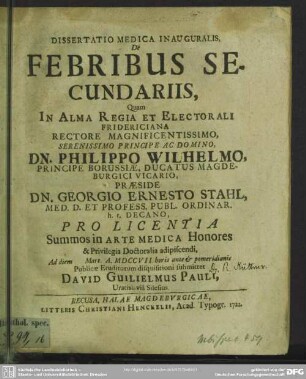 Dissertatio Medica Inauguralis De Febribus Secundariis