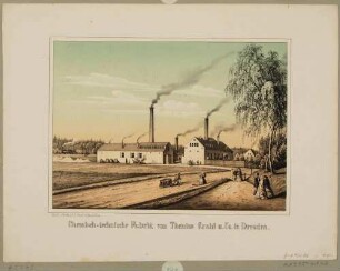 Die 1847 gegründete Chemisch-technische Fabrik von Emil Thenius, Richard Grahl, Gustav Horn & Co. zwischen Königsbrücker Str. und Eisenbahn in Dresden-Antonstadt, im Hintergrund die Eisenbahn, aus dem "Album der sächsischen Industrie"