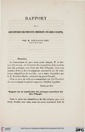 1: Rapport sur la constitution des principes immédiats des blés d'Égypte