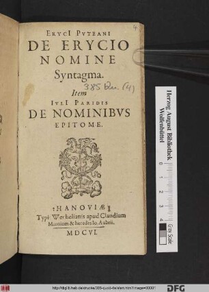 Eryci[i] Puteani De Erycio Nomine Syntagma