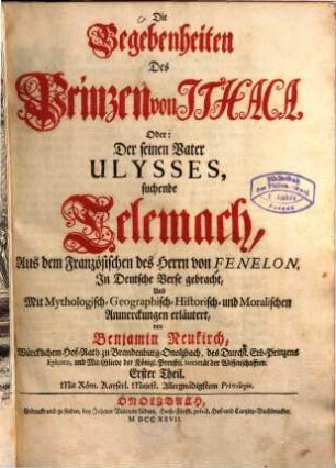 Die Begebenheiten des Prinzen von Ithaca : Oder: Der seinen Vater Ulysses suchende Telemach, 1