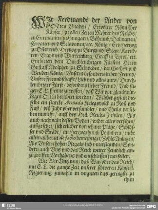 Wie Ferdinandt der Ander von Gottes Gnaden, Erwölter Römischer Käyser ... [18. August 1630]