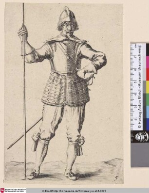 [Soldat mit Bruststück und Pike; Soldier wearing breastplate and holding a pike. Seen en-face and with left arm akimbo]