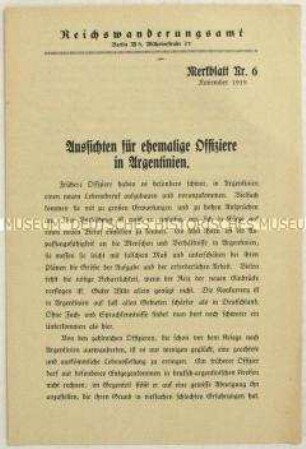 Merkblatt des Reichswanderungsamtes über Aussichten für eine berufliche Tätigkeit ehemaliger deutscher Offiziere in Argentinien