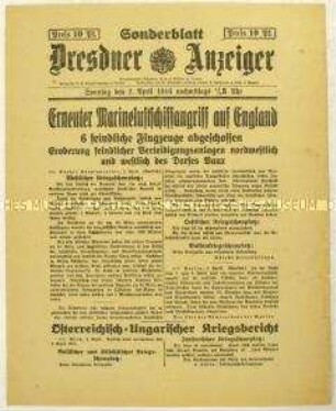 Nachrichtenblatt des "Dresdner Anzeiger" mit verschiedenen militärischen Kurzmeldungen zum Kriegsgeschehen