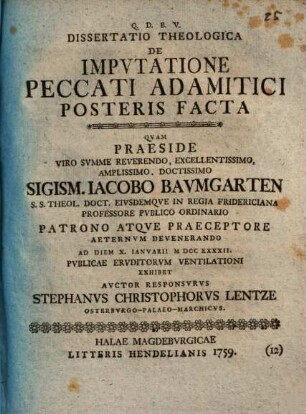 Dissertatio Theologica De Impvtatione Peccati Adamitici Posteris Facta