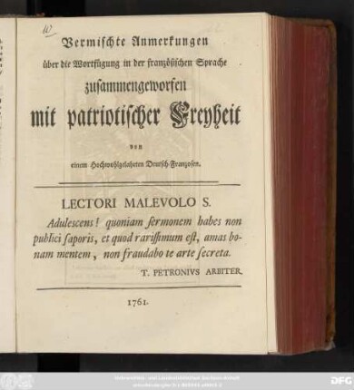 Vermischte Anmerkungen über die Wortfügung in der französischen Sprache