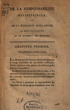 De la responsabilité ministérielle, et de la nécessité d'organiser le mode d'accusation et de jugement des ministres