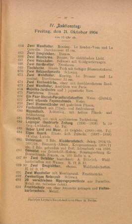 IV. Auktionstag: Freitag, den 21. Oktober 1904, von 10 Uhr ab