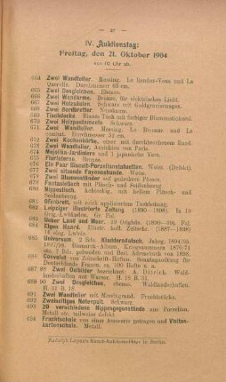 IV. Auktionstag: Freitag, den 21. Oktober 1904, von 10 Uhr ab
