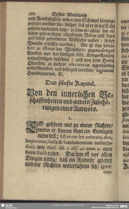 Das fünfte Kapitel. Von den innerlichen Beschaffenheiten und andern Zubehörungen eines Auditörs