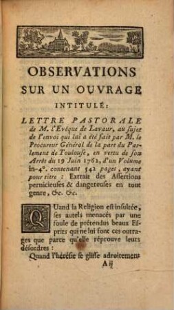 Observations sur un ouvrage intitulé Lettre Pastorale de M. l'Evêque de Lavaur ...