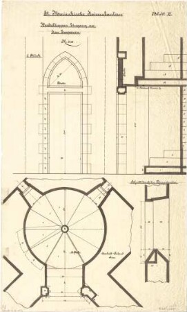 Schmidt, Heinrich von; Kaiserslautern; Marienkirche - Wendeltreppen - Eingang zu den Emporen (Grundriss, Aufrisse, Schnitte)