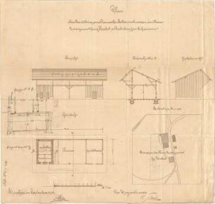 Littmann, Max; Bocksberg; Hofgut, Remisenbau - Remise u. Eiskeller (Lageplan, Grundriss,(Ansichten, Querschnitt)