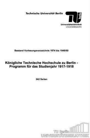 Programm für das Studienjahr 1917-1918