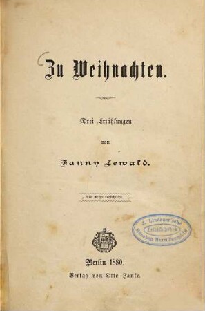 Zu Weihnachten : Drei Erzählungen von Fanny Lewald