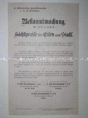 Bekanntmachung zu den Höchstpreisen für Eisen und Stahl