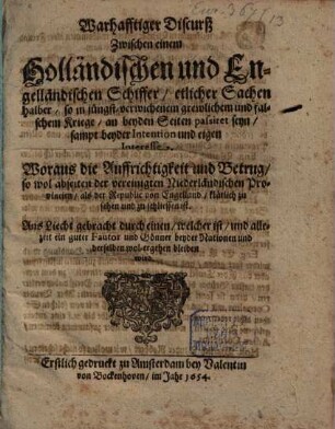 Warhafftiger Discurs zwischen einem Holländischen und Engelländischen Schiffer
