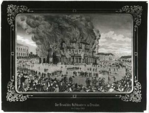 Brand des Hoftheaters zu Dresden am 21. September 1869 : Brand des Hoftheaters zu Dresden am 21. September 1869. Lithografie, koloriert; 25 x 37 cm (mit Rahmen). Dresden: Stadtmuseum 1978/k 561, P 19