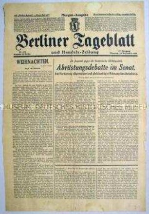 Titelblatt des "Berliner Tageblatt" u.a. zur Abrüstungsdebatte im französischen Parlament