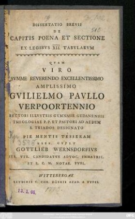Dissertatio Brevis De Capitis Poena Et Sectione Ex Legibvs XII. Tabvlarvm