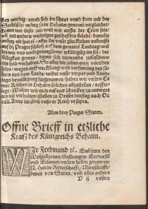 Offne Brieff in etzliche Kraiß des Künigreichs Behaim.