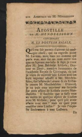 Apostille De M. Mendelssohn Concernant M. Le Docteur Kölble