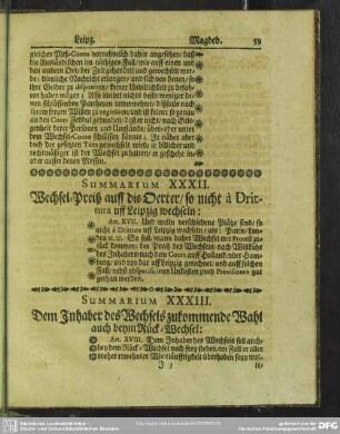 Summarium XXXII. Wechsel-Preiß auff die Oerter, so nicht a Drittura uff Leipzig wechseln