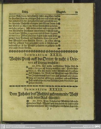 Summarium XXXII. Wechsel-Preiß auff die Oerter, so nicht a Drittura uff Leipzig wechseln