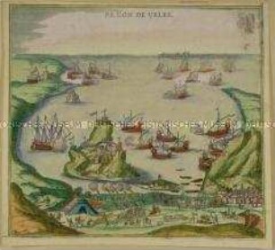 Peñon de Veles (Vélez de la Gomera), Angriff auf die Festung durch Kriegsschiffe und Landtruppen 1564 (Illustration aus Braun/Hogenberg, Civitates)