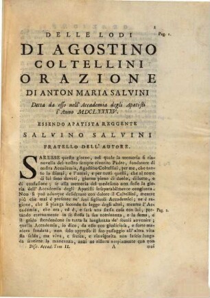 Discorsi Accademici Di Anton Maria Salvini Gentiluomo Fiorentino Lettore di Lettere Greche nello Studio di Firenze e Accademico della Crusca : Sopra alcuni dubbj proposti nell'Accademia degli Apatisti, Tomo Secondo