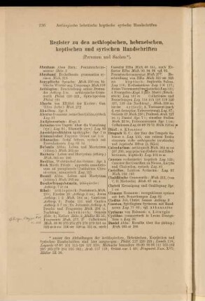 Register zu den aethiopischen, hebraeischen, koptischen und syrischen Handschriften (Personen und Sachen).