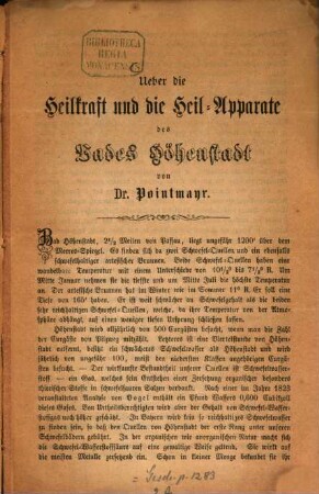 Ueber die Heilkraft und die Heil-Apparate des Bades Höhenstadt von Joseph Pointmayr