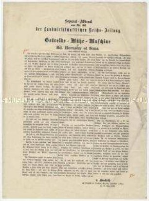 Beitrag über Getreidemähmaschinen von der Firma R. Hornsby und Söhne in England