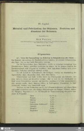 IV. Capitel. Material und Fabrikation der Schienen. Probiren und Abnahme der Schienen