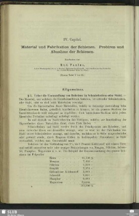 IV. Capitel. Material und Fabrikation der Schienen. Probiren und Abnahme der Schienen