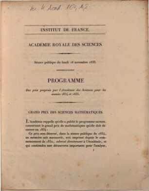 Académie Royale des Sciences. Séance publique du lundi 18 novembre 1833