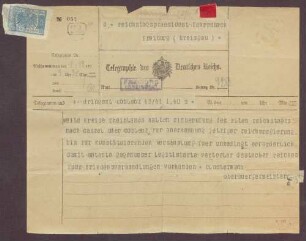 Telegramm von Bernhard Clostermann, Oberbürgermeister von Koblenz, an Constantin Fehrenbach, Einberufung des Reichstages nach Kassel oder Koblenz