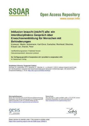 Inklusion braucht (nicht?) alle: ein interdisziplinäres Gespräch über Erwachsenenbildung für Menschen mit Behinderungen