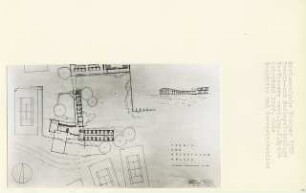 Tennis- und Hockeyclubanlage, Berlin-Charlottenburg (Diplomarbeit bei Karl Wilhelm Ochs): Clubhaus, Grundriss Erdgeschoss 1:200 und Skizze Perspektivische Ansicht