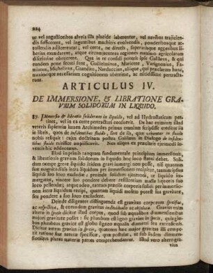 Articulus IV. De Immersione, & Libratione Gravium Solidorum In Liquido.