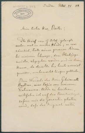 25. Oktober 1888, Dresden [Brief von Alphons Stübel an Max Uhle]